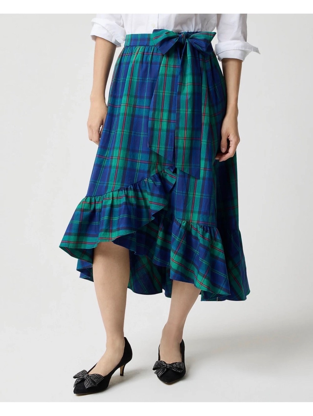 J.Crew Plaid Tartan Ruffle Midi Skirt Side Bow Tie Blue Green M NWT Holiday